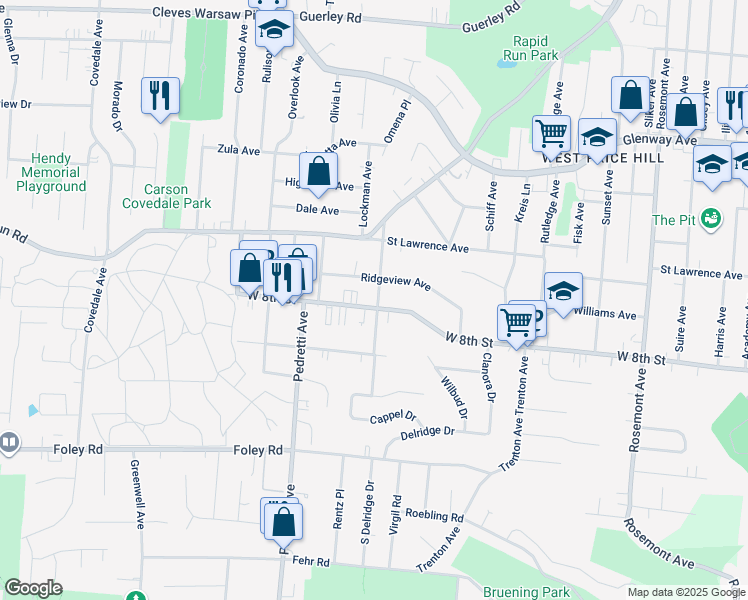 map of restaurants, bars, coffee shops, grocery stores, and more near in Cincinnati