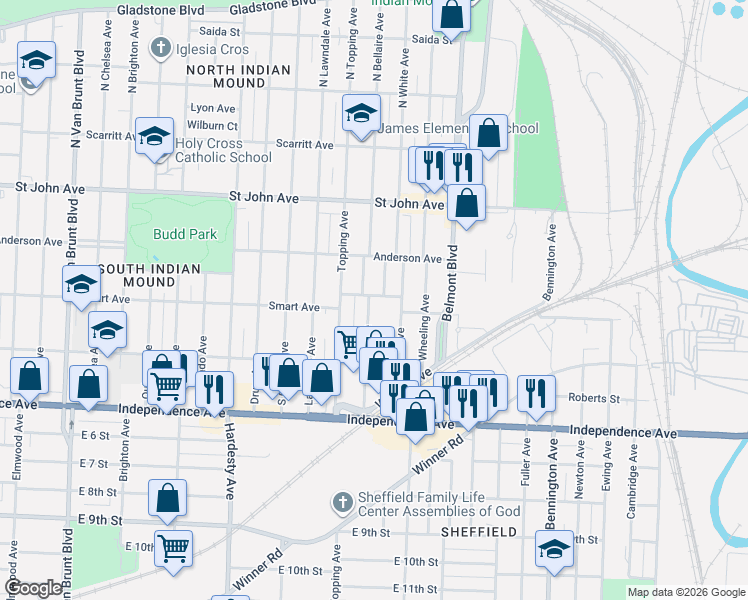 map of restaurants, bars, coffee shops, grocery stores, and more near 324 Bellaire Avenue in Kansas City