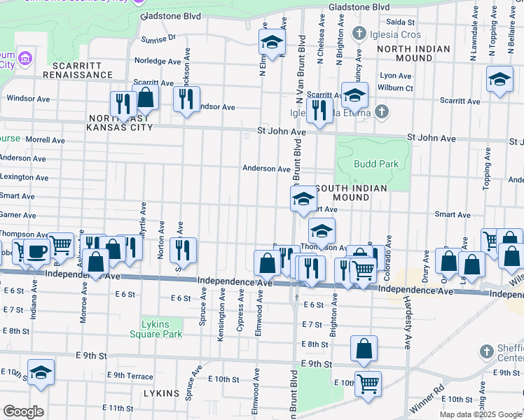 map of restaurants, bars, coffee shops, grocery stores, and more near 336 Elmwood Avenue in Kansas City