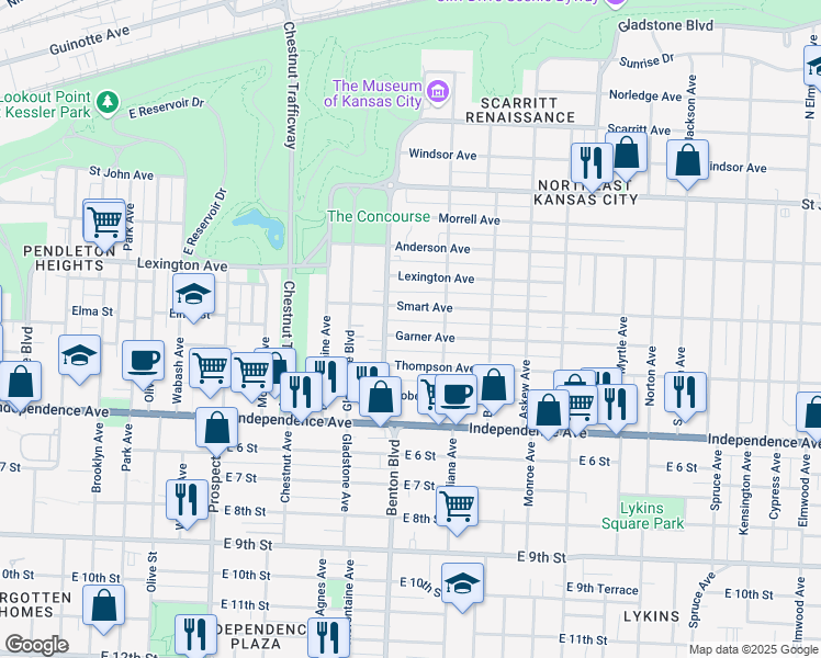 map of restaurants, bars, coffee shops, grocery stores, and more near 3219 Smart Avenue in Kansas City