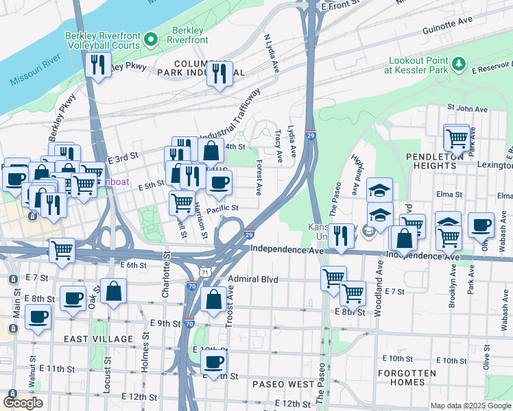 map of restaurants, bars, coffee shops, grocery stores, and more near 541 Forest Avenue in Kansas City