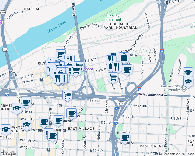 map of restaurants, bars, coffee shops, grocery stores, and more near 709 East 5th Street in Kansas City