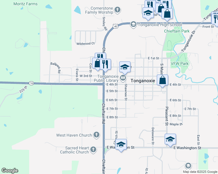 map of restaurants, bars, coffee shops, grocery stores, and more near 115 East 4th Street in Tonganoxie