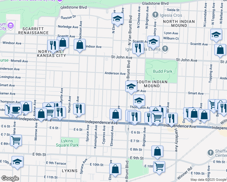 map of restaurants, bars, coffee shops, grocery stores, and more near 336 Elmwood Avenue in Kansas City