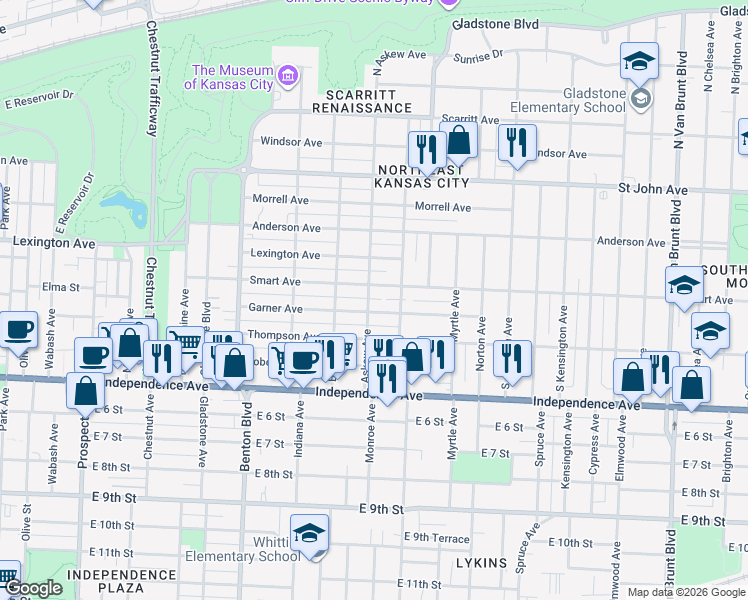map of restaurants, bars, coffee shops, grocery stores, and more near 411 Askew Avenue in Kansas City