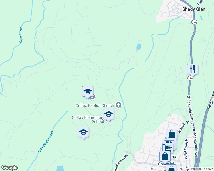 map of restaurants, bars, coffee shops, grocery stores, and more near 24990 Ben Taylor Road in Colfax