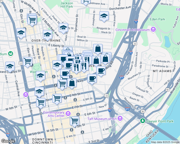 map of restaurants, bars, coffee shops, grocery stores, and more near 1131 Broadway Street in Cincinnati