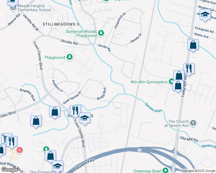 map of restaurants, bars, coffee shops, grocery stores, and more near 122 Bragg Boulevard in Odenton
