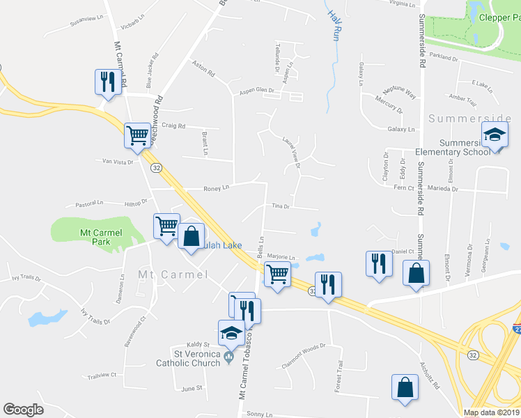 map of restaurants, bars, coffee shops, grocery stores, and more near 4800 Bells Lake Drive in Cincinnati
