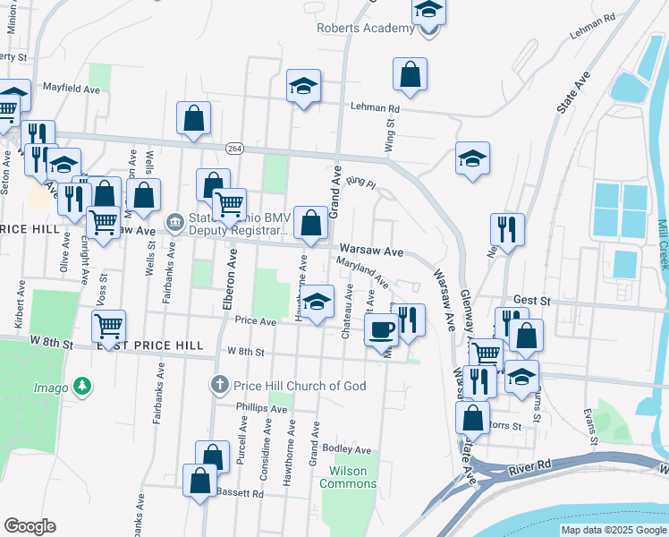 map of restaurants, bars, coffee shops, grocery stores, and more near 960 Grand Avenue in Cincinnati