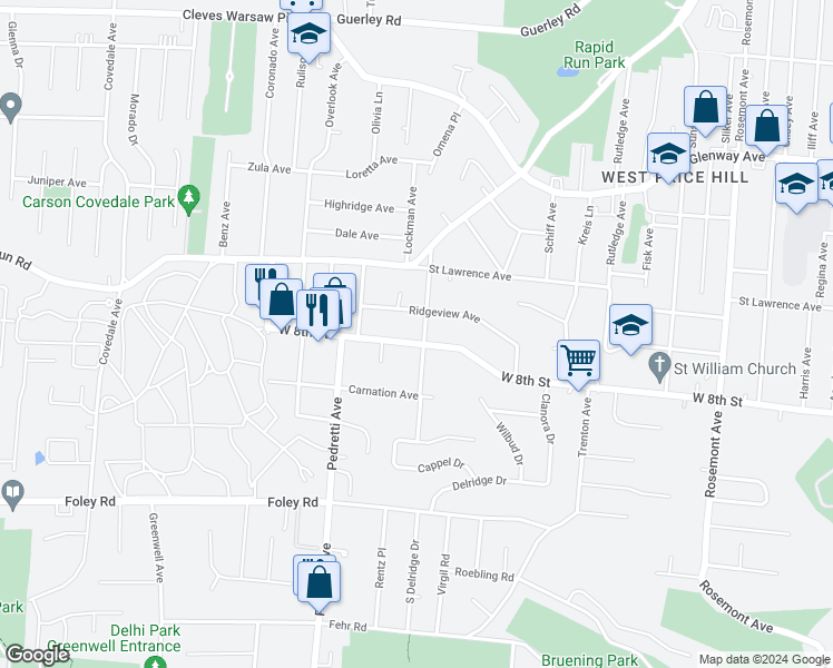 map of restaurants, bars, coffee shops, grocery stores, and more near 4404 West 8th Street in Cincinnati