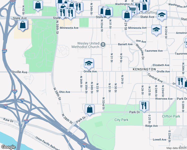 map of restaurants, bars, coffee shops, grocery stores, and more near 3218 Orville Avenue in Kansas City