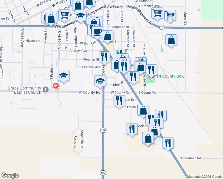 map of restaurants, bars, coffee shops, grocery stores, and more near 120 Kirby Street in Jerseyville