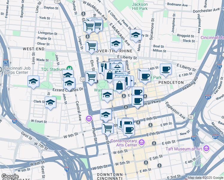 map of restaurants, bars, coffee shops, grocery stores, and more near 18 West 13th Street in Cincinnati