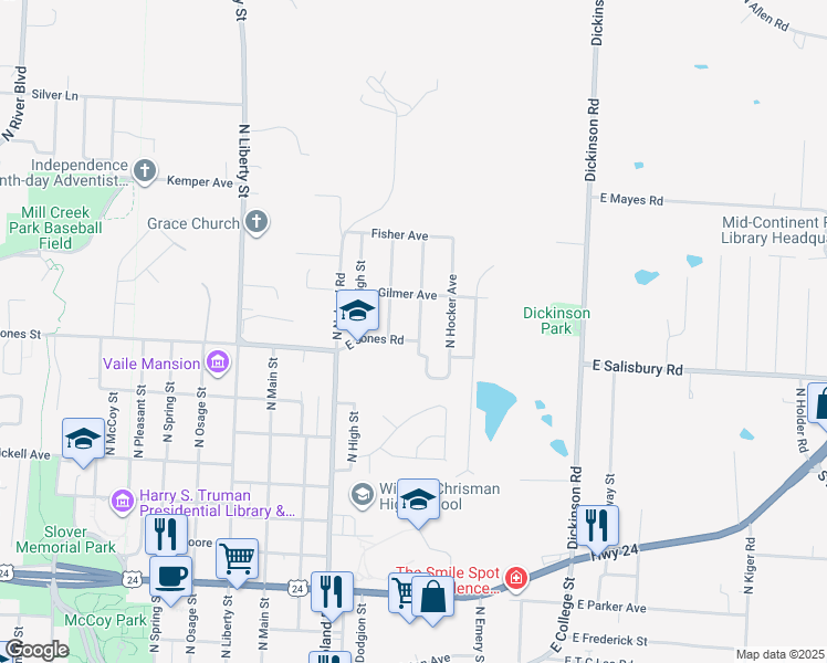 map of restaurants, bars, coffee shops, grocery stores, and more near 1608 North Pearl Street in Independence