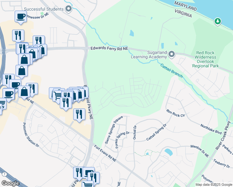 map of restaurants, bars, coffee shops, grocery stores, and more near 42748 Cattail Creek Drive in Leesburg