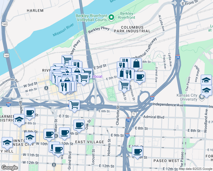 map of restaurants, bars, coffee shops, grocery stores, and more near 709 East 5th Street in Kansas City