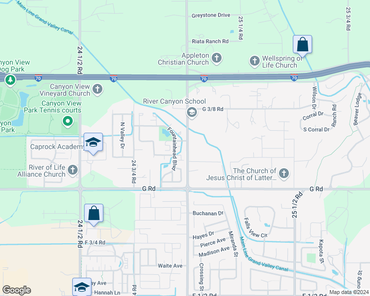 map of restaurants, bars, coffee shops, grocery stores, and more near 2498 Interlochen Court in Grand Junction