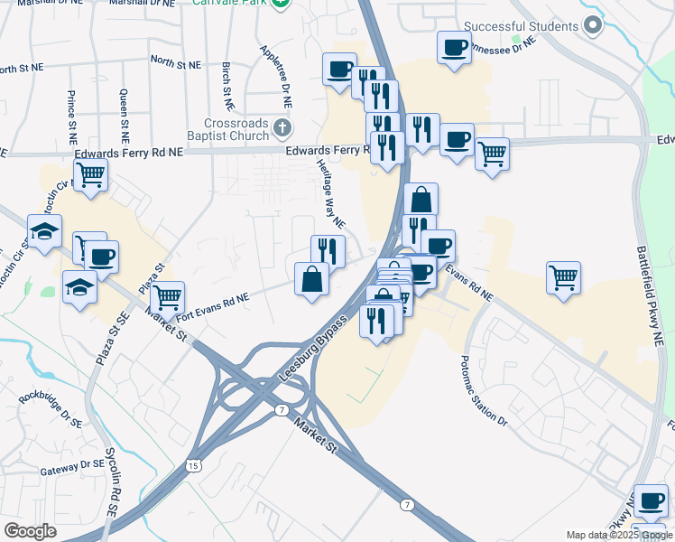 map of restaurants, bars, coffee shops, grocery stores, and more near 161 Fort Evans Road in Leesburg