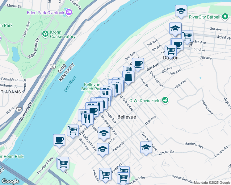 map of restaurants, bars, coffee shops, grocery stores, and more near 101 6th Avenue in Dayton