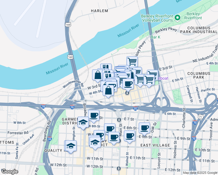 map of restaurants, bars, coffee shops, grocery stores, and more near 303 Delaware Street in Kansas City