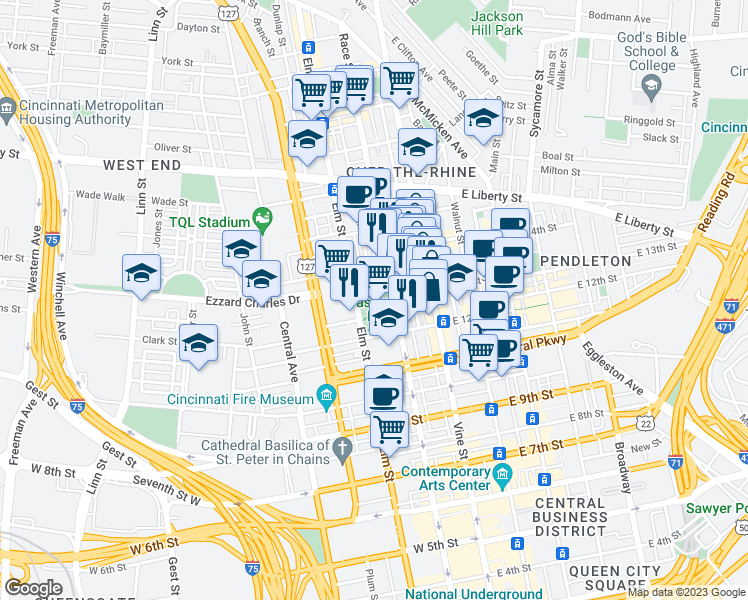 map of restaurants, bars, coffee shops, grocery stores, and more near 1301 Race Street in Cincinnati