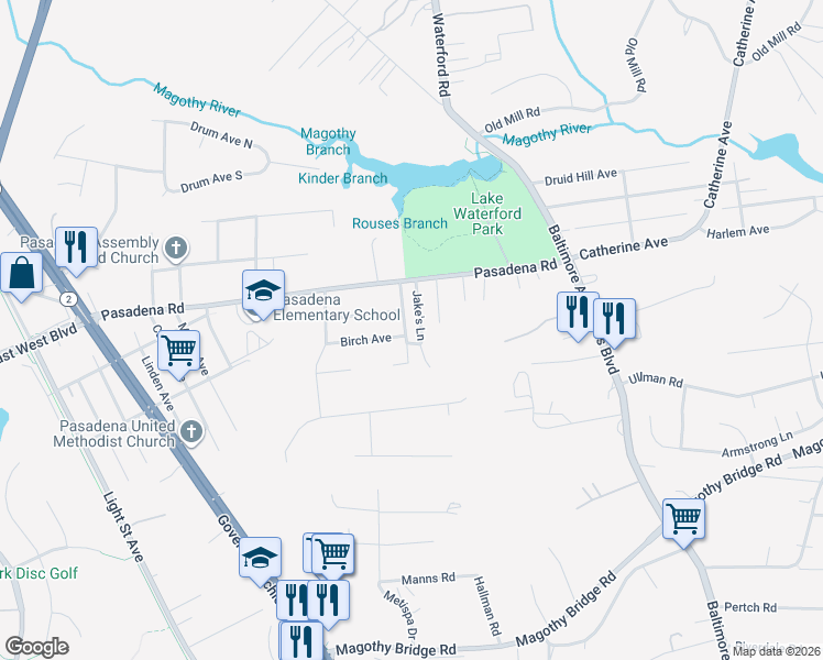 map of restaurants, bars, coffee shops, grocery stores, and more near 7 Jake's Lane in Pasadena