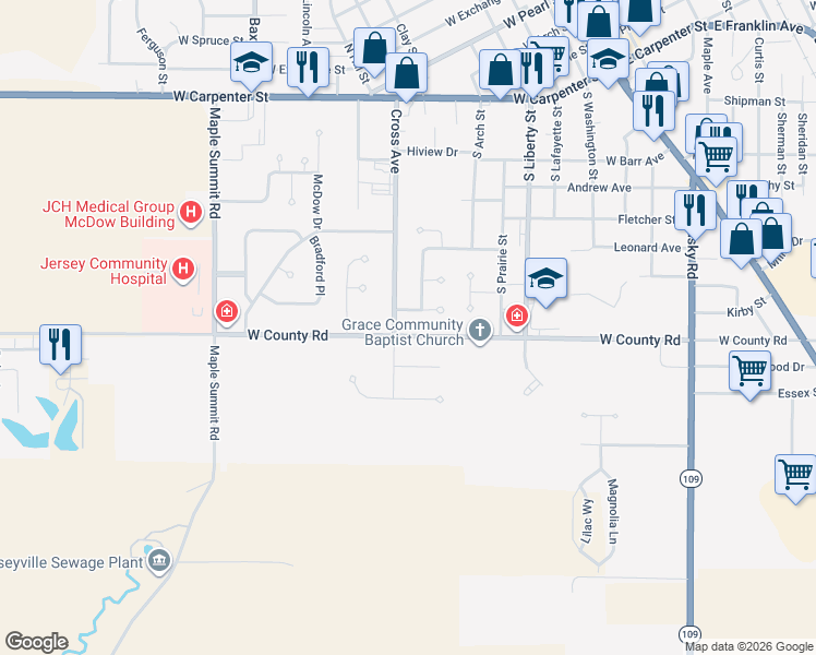 map of restaurants, bars, coffee shops, grocery stores, and more near 611 Cross Winds Court in Jerseyville