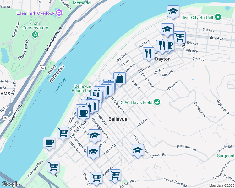 map of restaurants, bars, coffee shops, grocery stores, and more near 132 6th Avenue in Dayton
