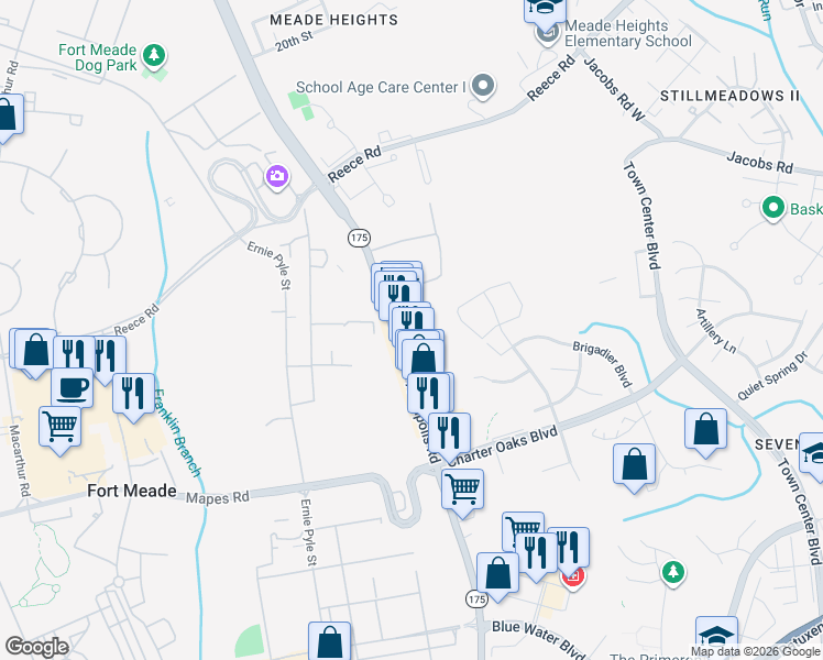 map of restaurants, bars, coffee shops, grocery stores, and more near 1686 Annapolis Rd in Odenton