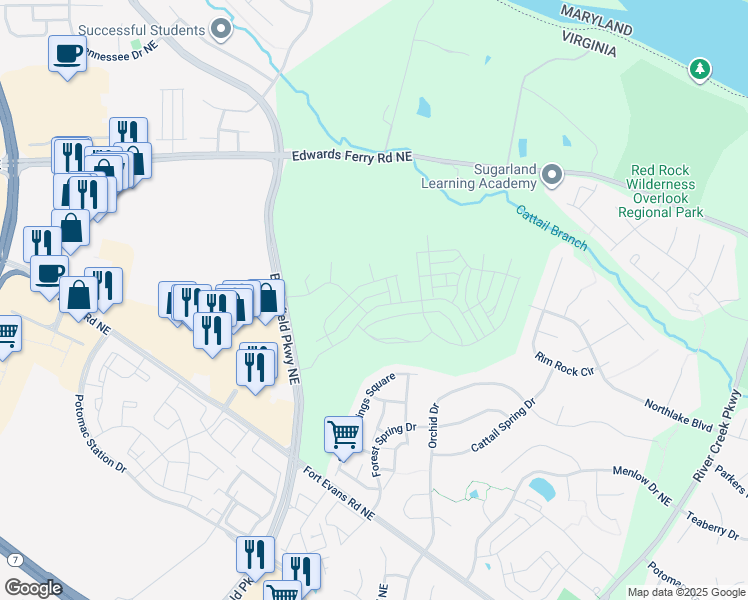 map of restaurants, bars, coffee shops, grocery stores, and more near 42748 Cattail Creek Drive in Leesburg