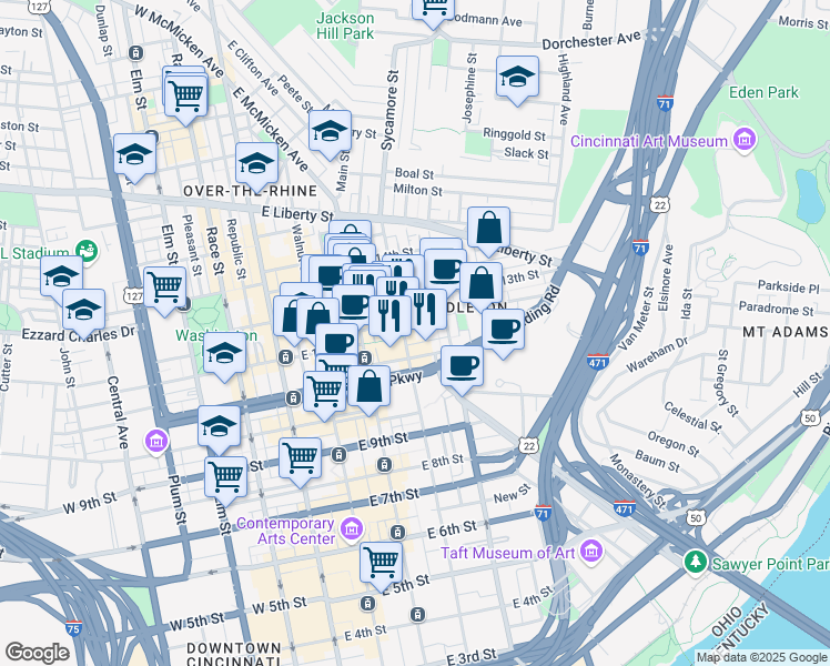 map of restaurants, bars, coffee shops, grocery stores, and more near 1202 Sycamore Street in Cincinnati
