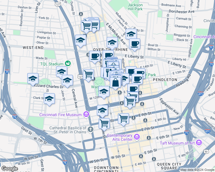 map of restaurants, bars, coffee shops, grocery stores, and more near 31 West 13th Street in Cincinnati