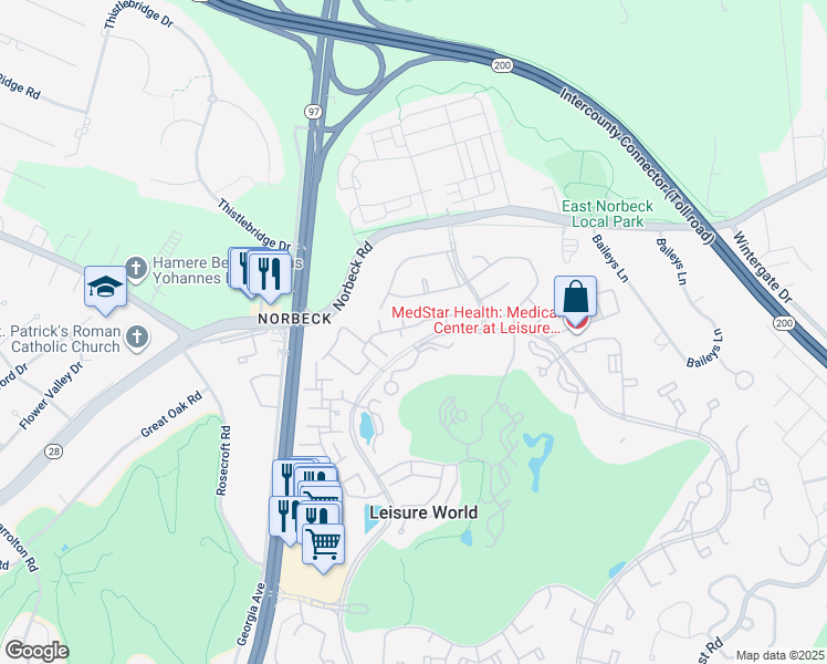 map of restaurants, bars, coffee shops, grocery stores, and more near 3536 Twin Branches Drive in Silver Spring