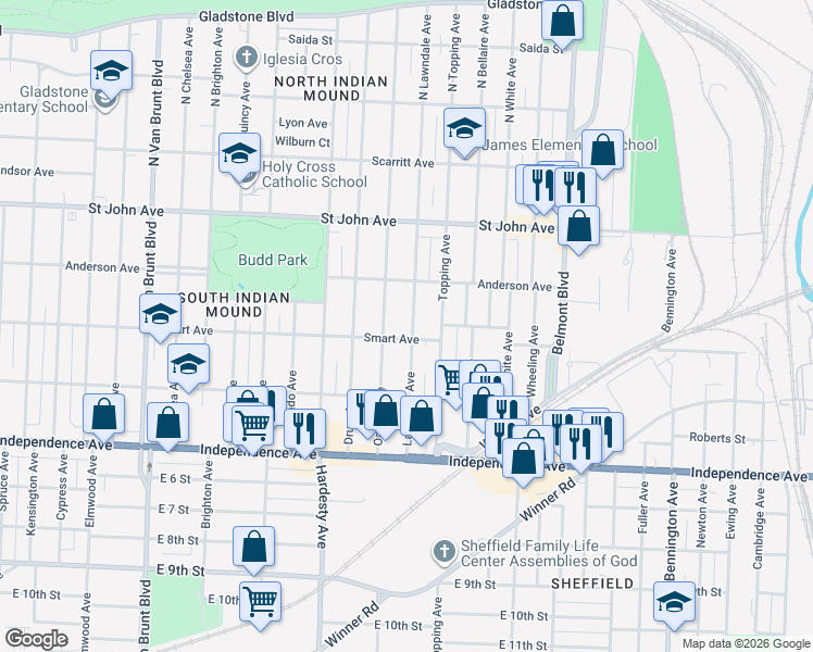 map of restaurants, bars, coffee shops, grocery stores, and more near 342 Lawndale Avenue in Kansas City