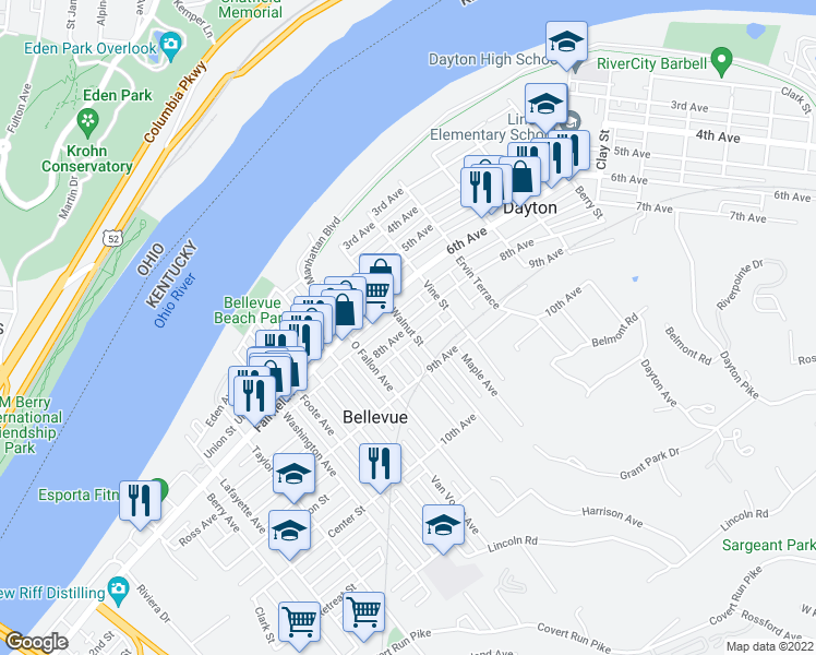map of restaurants, bars, coffee shops, grocery stores, and more near in Dayton