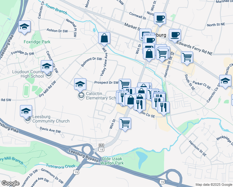 map of restaurants, bars, coffee shops, grocery stores, and more near 401 Crestwood Street Southwest in Leesburg