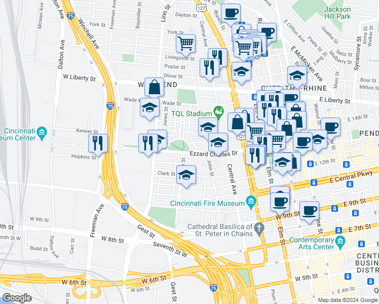 map of restaurants, bars, coffee shops, grocery stores, and more near 600 Ezzard Charles Drive in Cincinnati