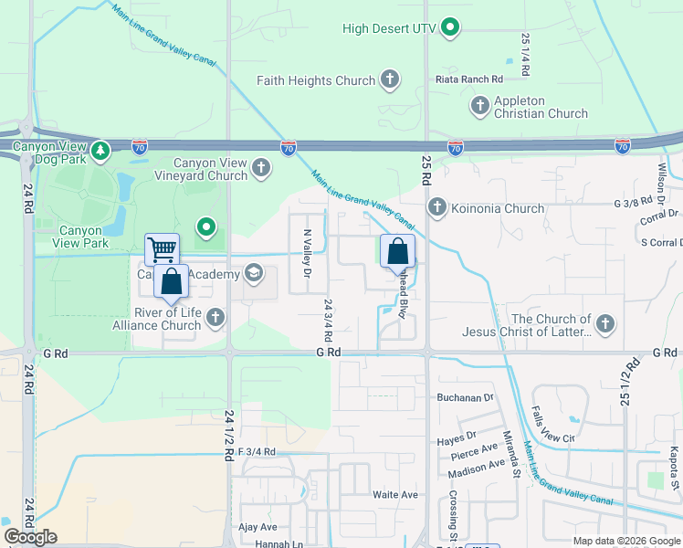 map of restaurants, bars, coffee shops, grocery stores, and more near 725 Wigeon Drive in Grand Junction