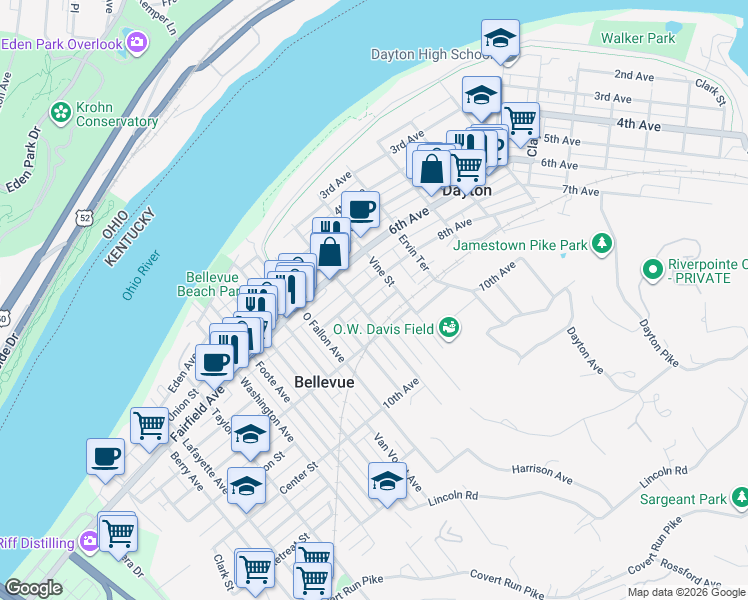 map of restaurants, bars, coffee shops, grocery stores, and more near 8TH Walnut Street in Dayton