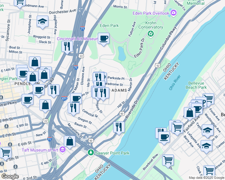 map of restaurants, bars, coffee shops, grocery stores, and more near in Cincinnati