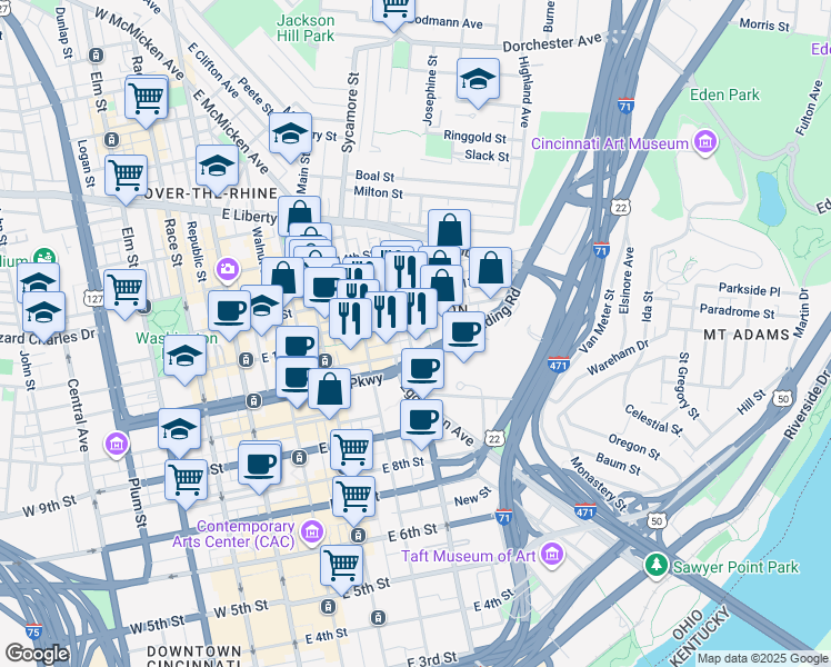 map of restaurants, bars, coffee shops, grocery stores, and more near 1131 Broadway Street in Cincinnati