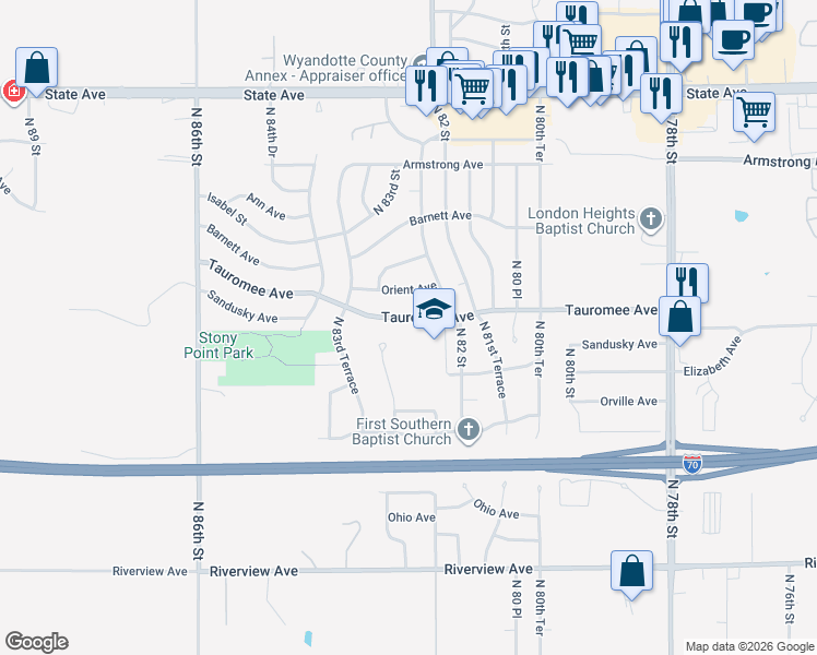 map of restaurants, bars, coffee shops, grocery stores, and more near 8304 Tauromee Avenue in Kansas City