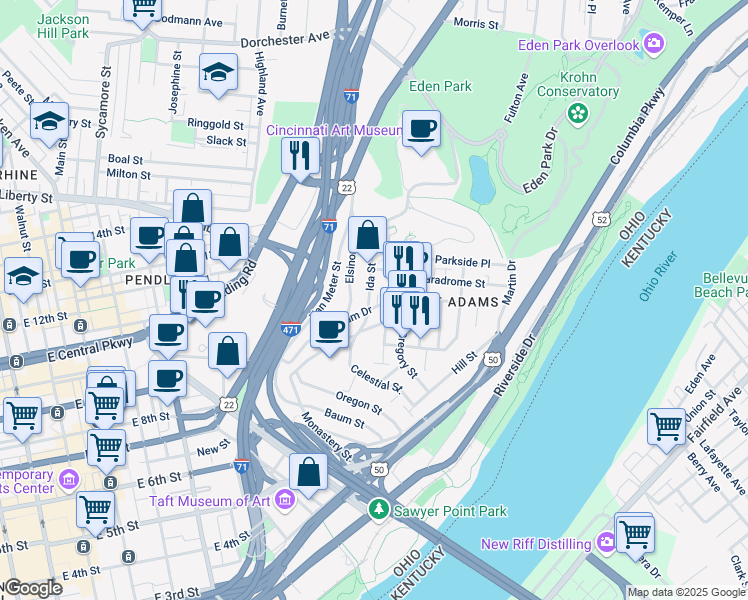 map of restaurants, bars, coffee shops, grocery stores, and more near 1107 Wareham Drive in Cincinnati