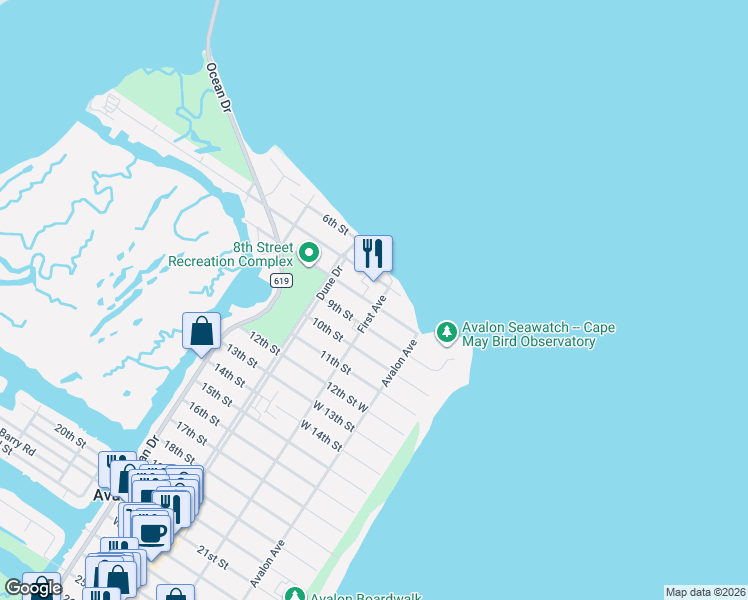 map of restaurants, bars, coffee shops, grocery stores, and more near 790 First Avenue in Avalon