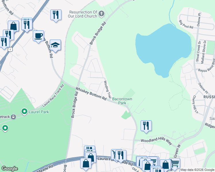 map of restaurants, bars, coffee shops, grocery stores, and more near 8459 Winding Trail in Laurel