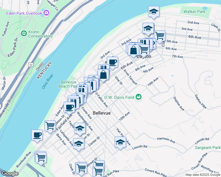 map of restaurants, bars, coffee shops, grocery stores, and more near in Dayton