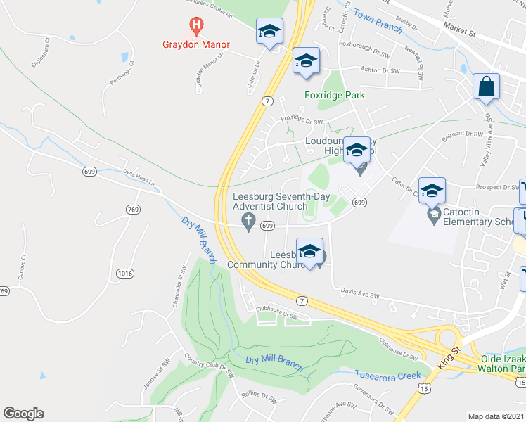 map of restaurants, bars, coffee shops, grocery stores, and more near 705 Anne Street Southwest in Leesburg