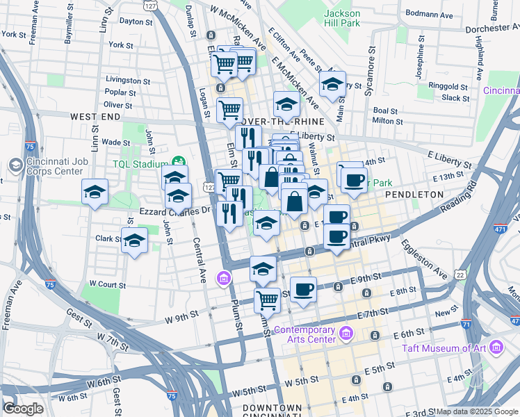 map of restaurants, bars, coffee shops, grocery stores, and more near 1230 Elm Street in Cincinnati