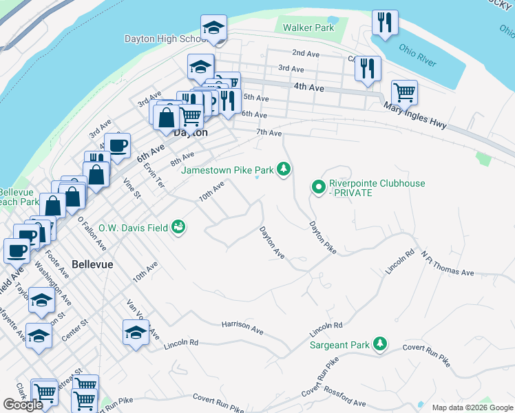 map of restaurants, bars, coffee shops, grocery stores, and more near 602 Belmont Road in Dayton